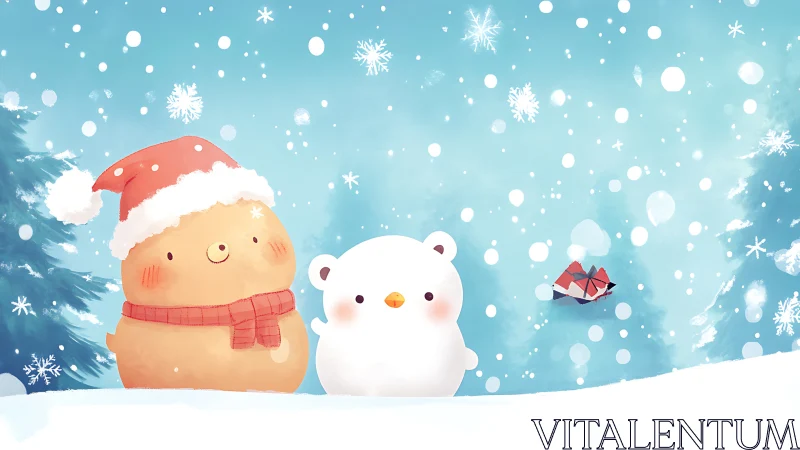 Cute winter friends in snowy forest scene illustration.