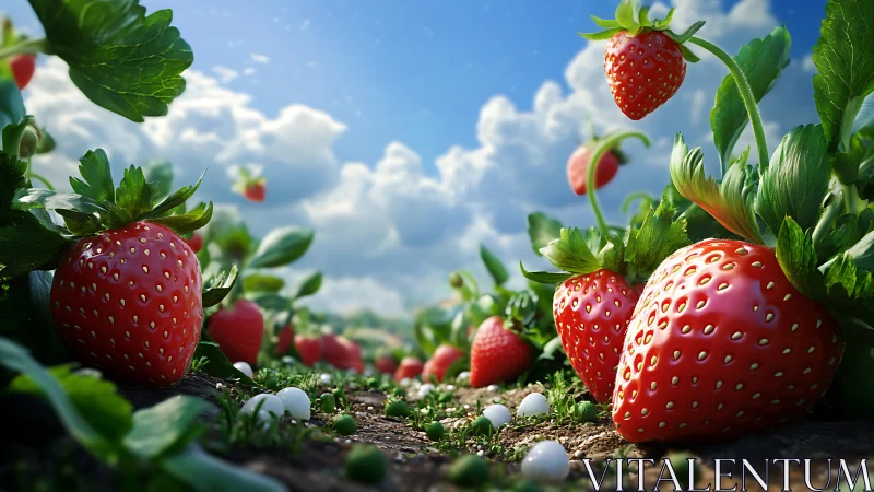 Close ground-level view of strawberries in cultivated row.