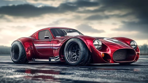 Widebody red race car render sits on wet track surface