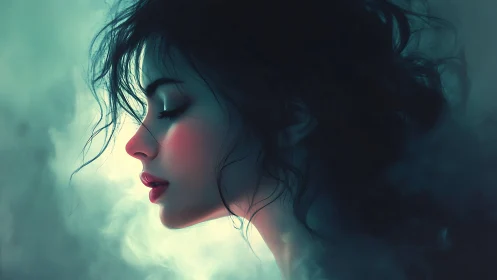 Profile portrait of woman in teal mist with soft light.