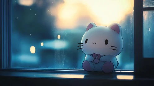 Soft pastel cat plush toy at dusky rainlit window glow.