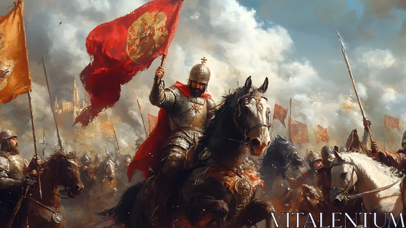 Armored medieval cavalry charge under crimson war standard