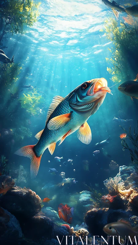 Central fish in illuminated underwater reef environment.