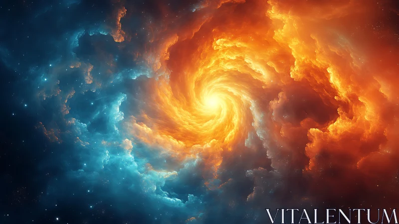 Cosmic nebula vortex with opposing blue and orange plasma.