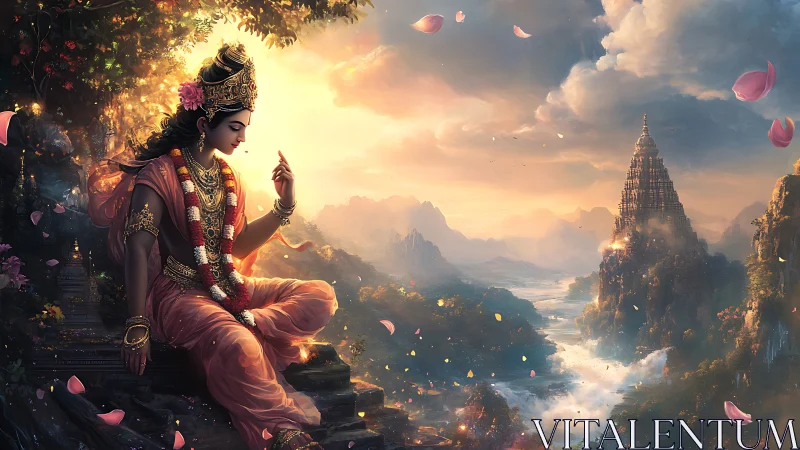 Seated deity figure above river valley and tiered temple at dusk.