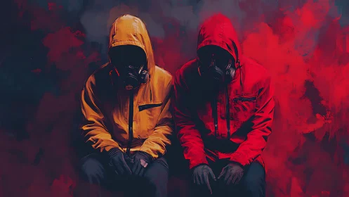 Dual hooded figures in respirators against red vapor field
