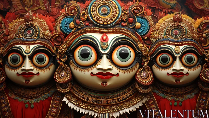 Joyful triple deity masks glowing in jewel-bright color.