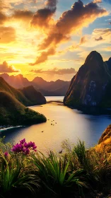 Sunlit mountain bay with calm water and foreground flowers.
