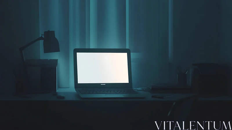 Glowing laptop screen illuminates a silent midnight workspace.