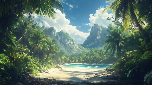 Tropical Paradise Valley with Dramatic Peaks and Pristine Beach