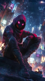 Hooded cyberpunk figure rests in neon lit dystopian alley