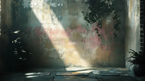 Sunlit weathered courtyard wall with plants and shadows.