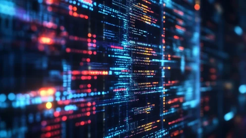 Glowing data streams across abstract digital code matrix.