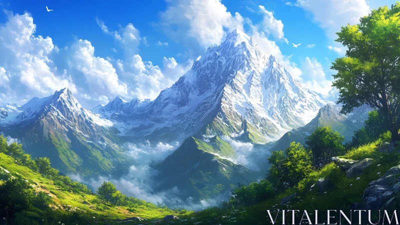 Digital painting of luminous alpine peak and verdant valley panorama.