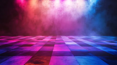 Geometric dance floor under colored fog stage lighting.
