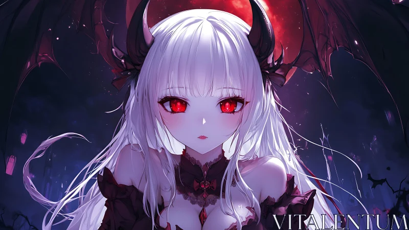 Vampire demon girl under blood moon with crimson gaze.