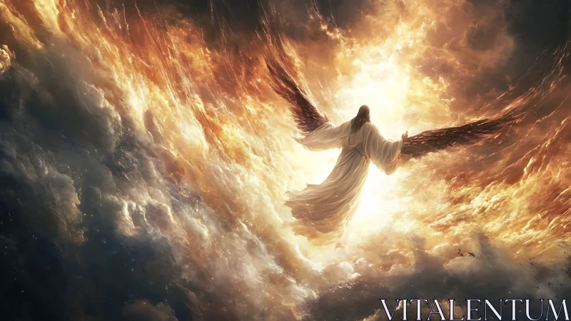 Winged robed figure ascends through blazing storm clouds.
