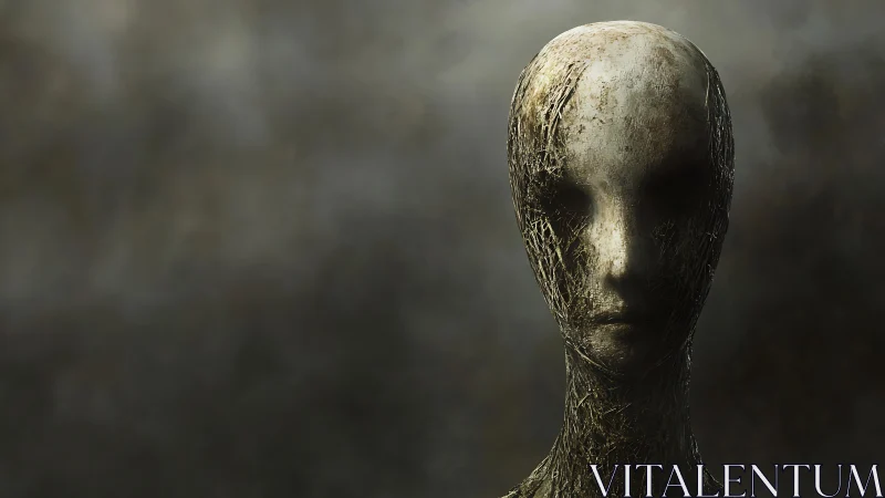 Eroded faceless figure emerges from muted smoky void.