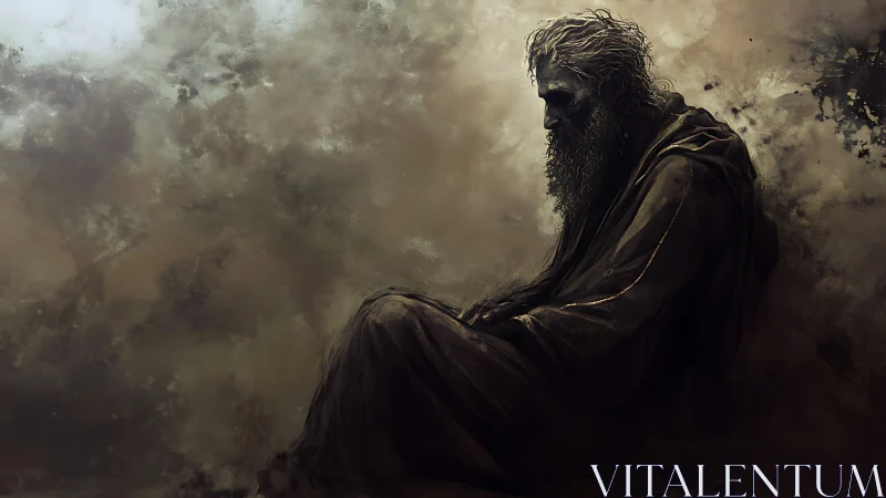 Solitary robed sage in swirling sepia stormscape.