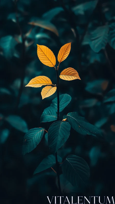 Golden foliage on teal leaves in dramatic forest bokeh.