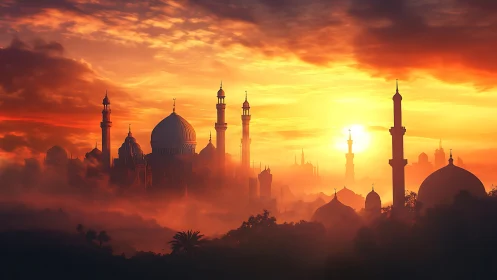 Sunlit domed skyline rises through dense atmospheric haze