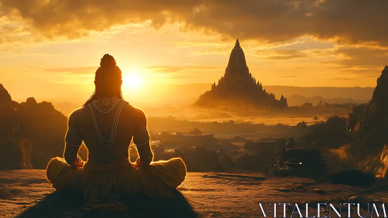 Sunlit ascetic overlooking distant golden temple at dawn.