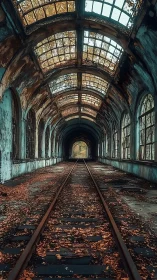 Abandoned covered railway tunnel with rusted arched roof.