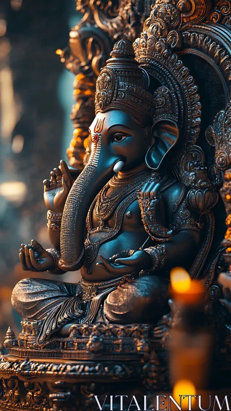 Majestic Ganesha idol glows in warm devotional candlelight.