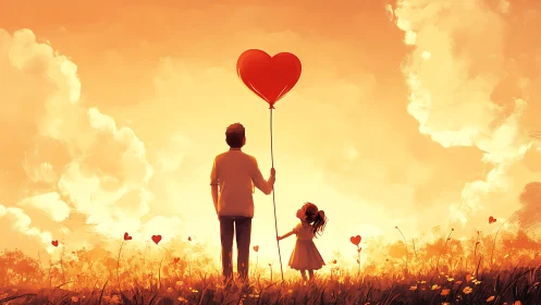 Two Figures Holding Red Heart Balloon in Golden Field.
