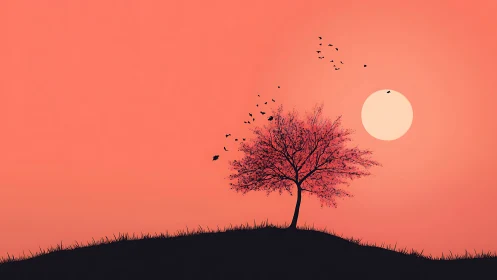 Minimalist tree silhouette on hill with birds at sunset, digital art.