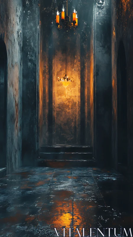 Gothic stone hallway glows under molten candlelight