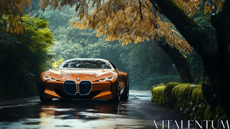 Aerodynamic orange concept coupe under wet forest canopy.