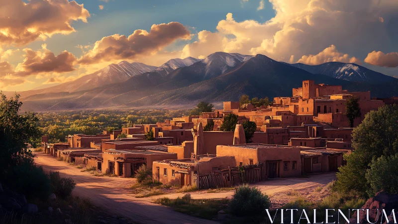 Sunlit adobe village rests beneath snowcapped mountain range
