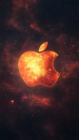 Glowing apple-shaped emblem with fiery nebula background.