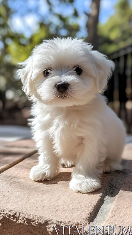 Fluffy white puppy soaking up sunshine on garden steps.