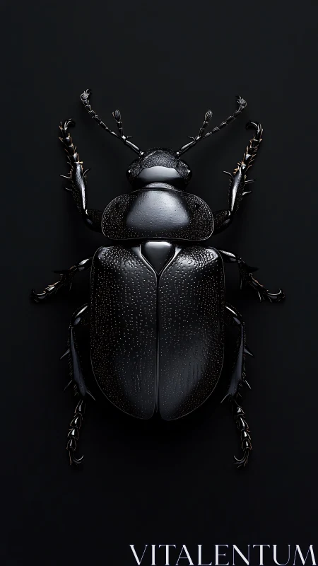 Glossy black beetle macro on seamless dark background.