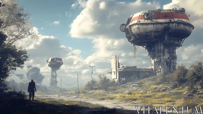 Lone wanderer approaches decayed elevated outpost towers