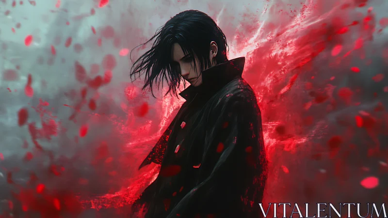 Brooding dark warrior stands in swirling red storm of power