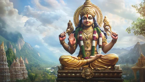 Majestic golden deity seated amid lush temple mountains.