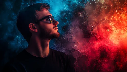 Dreamer in neon cosmos between cool blue and warm fire.