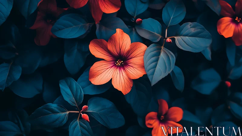 Vibrant Orange Blooms Against Deep Blue Foliage Creates Striking Contrast