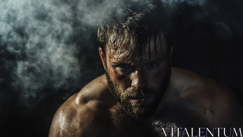 Low-key portrait isolates sweat-soaked fighter in dense atmospheric haze