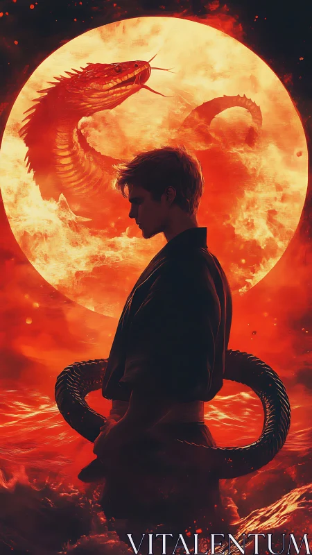 Silhouetted warrior bound to fiery serpent moon omen.