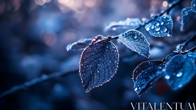 Macro dew-laden leaves rendered in cool bokeh lighting study