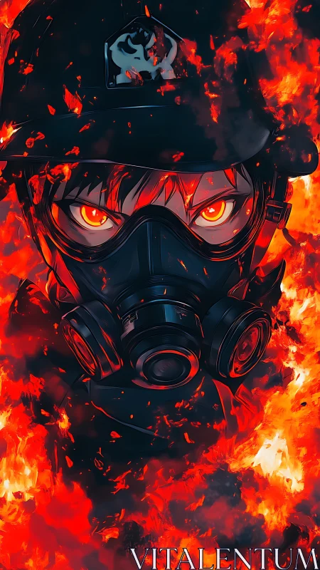 Inferno-eyed hero in mask walking calmly through flames.