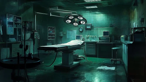 Moody teal surgery room glowing with quiet dramatic tension.