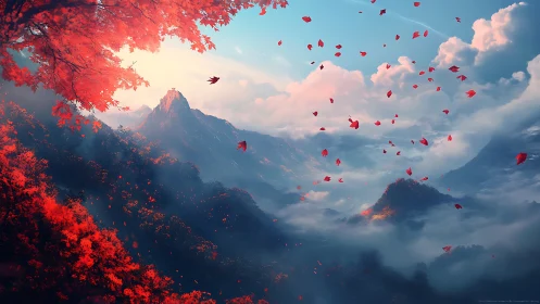 Crimson leaves swirl above misty mountains at sunrise.