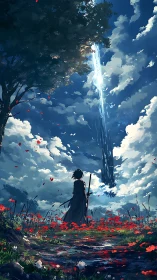 Stargazer in scarlet fields beneath a falling heavenbeam.