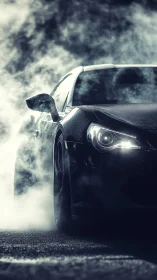 Midnight sports car prowls through swirling street fog.
