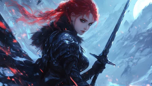 Fierce red haired warrior standing bold in a frozen storm.